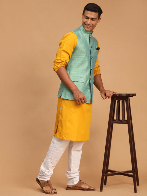 Vastramay Men's Green Jacquard Nehru Jacket with Kurta Pyjama Set